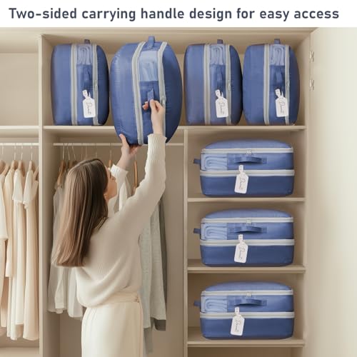 DIMJ Compression Storage Bags 6 Pack - Blanket Storage Bags with Window Zipper, Ultra Space Saving Self Compression Organizer for Puffer Jacket, Bedding, Lightweight Comforter Duvet, Sweater, Sheet - color: Navy Blue, size: 39L x 6 Pack
