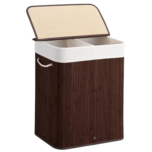 Aliphon 100L Laundry Hamper with lid, 2-Section Clothes Laundry Basket with Handles, Large Collapsible Bamboo Baskets for Bedroom, Bathroom, Dorm, Brown - color: Chestnut Brown, size: 100L