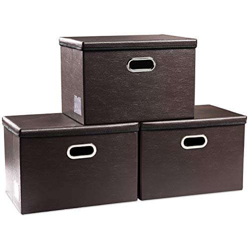 PRANDOM Collapsible Storage Bins with Lids [3-Pack] Leather Fabric Foldable Storage Boxes Organizer Containers Baskets Cube with Cover for Bedroom Closet Office Nursery Brown (14.9x10.8x10) - color: Brown, size: Medium(3-Pack)