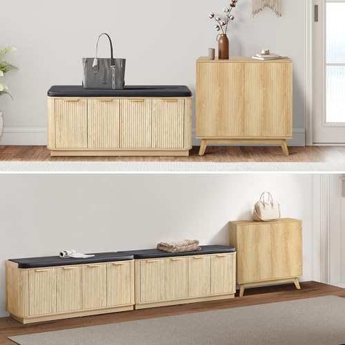Fluted 2-Tier Entryway Shoe Bench with Doors and Adjustable Shelf, 43.3'' Wide Shoe Storage Bench with Cushion Seat for Entrance, Hallway, Living Room, End of Bed - Natural - size: Door-natural