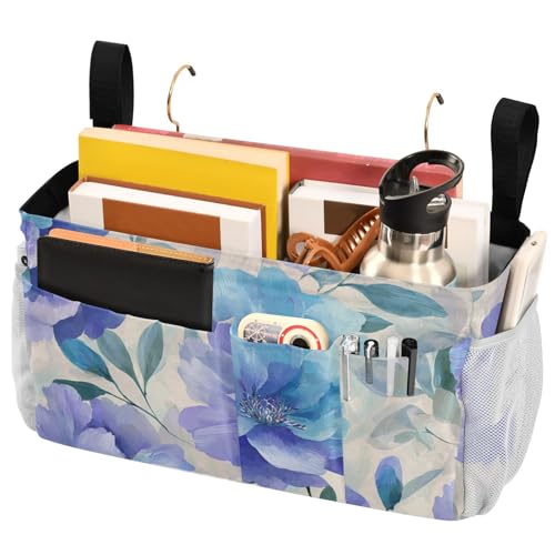 Bedside Caddy Metal Frame Hanging Organizer Bunk Bed Dorm Accessories Hook And Loop Storage Bag Large Pockets Blue Peony Leaf - color: Blue Peony Leaf