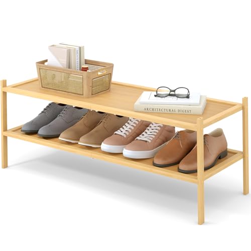 Smiry Bamboo Long Shoe Rack, 2 Tier Shoe Organizer for Entryway & Closet, Stackable Free Standing Storage Shelf for Shoes, Bags & Plants, Natural - color: Natural, size: 2 Tier - Long