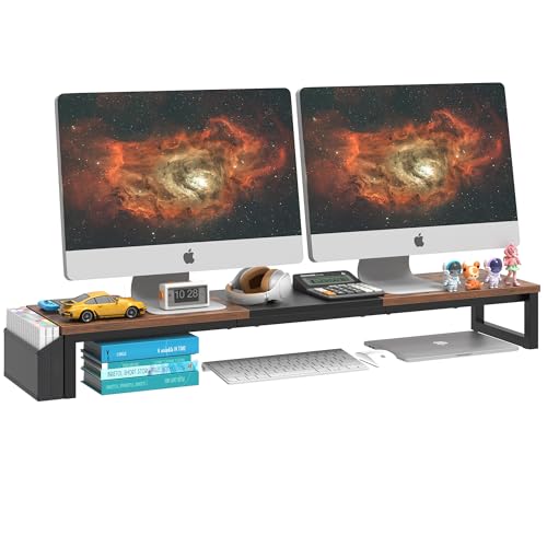 LAND·VOI Dual Monitor Stand Riser,41.5'' Long Monitor Stand for 2 Monitors, Wood Computer Riser with Pocket, Desktop Oraganizer with Pen Holder, Monitor Riser for Desk Computer,Laptop,TV, Rustic Brown - color: Rustic Brown, size: Single-Type