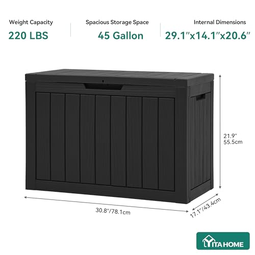 YITAHOME Outdoor Storage Box, 45 Gallon Waterproof Resin Deck Box, Lockable Organizer for Patio, Poolside, Deck, Cushions, Throw Pillows, Garden Tools, Black - color: Black, size: 45 Gallon, style: Deck Box
