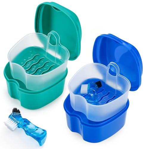 2 Pack Color Retainer Cleaner Case Denture Cups for Soaking Dentures, False Teeth Container Partial Denture Cleaning Case with Lid Travel - Lake Green and Dark Blue - color: Lake Green & Dark Blue