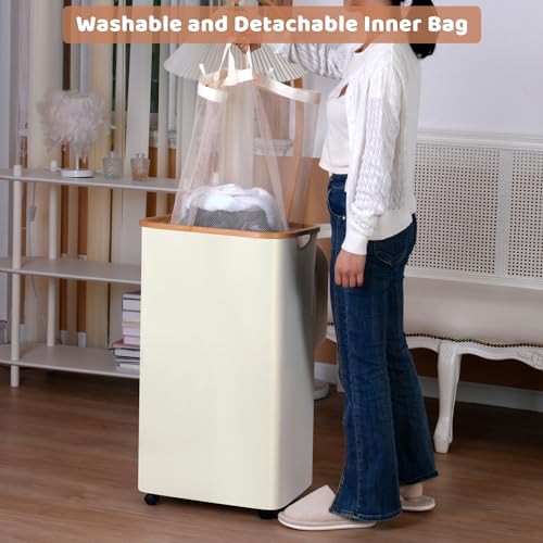 Laundry Basket with Wheels, 110L Beige Clothes Hamper for Laundry, Laundry Hamper with Lid and Inner Bag, for Laundry Room, Bedroom, Dormitory Storage,Beige - color: Beige, size: 110L with Wheels