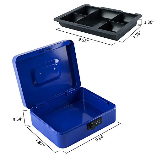 KYODOLED Large Cash Box with Combination Lock,Safe Metal Box for Money, Storage Lock Box with Money Tray,9.84"x 7.87"x 3.54" Blue Large - color: Blue, size: Large