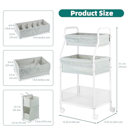 Moteph Rolling Utility Cart with Side Storage, 3-Tier Diaper Cart & Baby Caddy Organizer for Nursery Essentials, Bedside/Postpartum Nursing Cart, Craft & Art Storage Organizer, Rolling Book Cart - size: WITH_SIDE_STORAGE