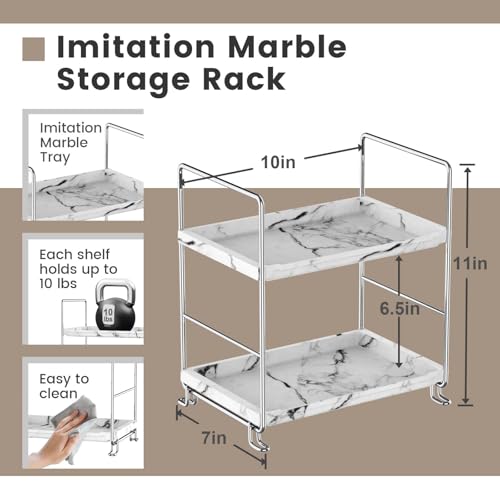 2-Tier Bathroom Organizer Countertop Perfume Makeup Shelf Cosmetics Storage Shelf Display Rack Vanity Dresser,Kitchen Spice Rack,Plastics Imitation Marble Design,Tool-Less Install(Sliver) - color: Imitation Marble,sliver