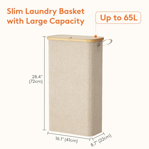 Lifewit 65L Slim Laundry Hamper with Lid, Narrow Laundry Basket with Removable Bag & Bamboo Handles, Fodable Thin Dirty Clothes Hamper for Laundry Collapsible Bin for Bathroom Bedroom Dorm, Beige - color: Beige, size: 65L
