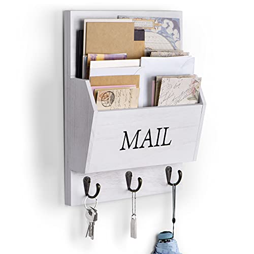 DLQuarts Mail Organizer with Key Holder for Wall Decorative Mail Sorter Wall Mounted, Wooden Mail Holder with 3 Hooks, White - color: White