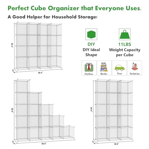 C&AHOME Cube Storage Organizer, 16-Cube Shelves Units, Plastic Storage Cubes, DIY Closet Organizer, Modular Closet Storage Shelf Ideal for Home, 48.4" L × 12.4" W × 48.4" H Transparent Twill UPCS16T - color: Transparent Twill