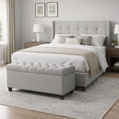 Homepop Home Decor Tufted Ainsley Button Storage Ottoman Bench with Hinged Lid Ottoman Bench with Storage for Living Room & Bedroom, Light Blue 18x40x18 Inches - color: Light Blue