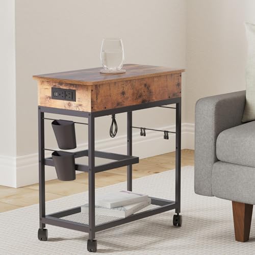 Colima Lift Top End Table with Charging Station and Wheels, Sofa Side Table with USB Port & AC Outlets, Movable Bedside Nightstand with Side Bag for Office Living Room Bedroom(Rustic Wood) - color: Rustic Brown