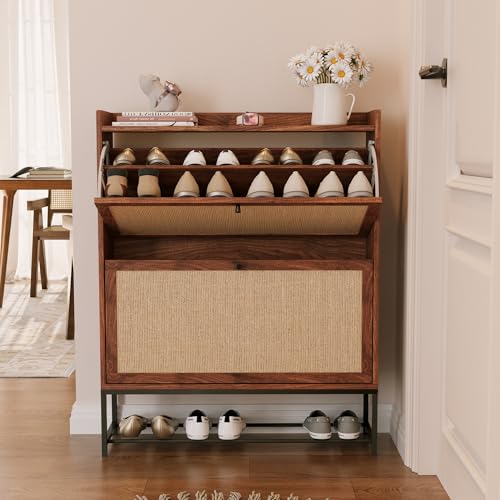AVZEAR Narrow Shoe Storage Cabinet for Entryway with 2 Flip Drawers, Freestanding Shoe Cabinet with Natural Linen Panel, Slim Wood Shoe Organizer Closed Shoe Rack for Hallway, Foyer(Walnut) - color: Walnut, size: 2 Drawers