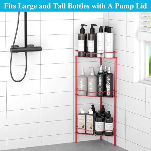 HuggieGems 3 Tier Floor Standing Corner Shower Caddy Organizer Shelf with Hooks, Bathroom Shelves Stand Rack, Red - color: Red, size: 3 Tier