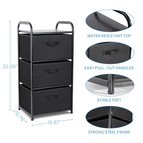 MAX Houser Dresser Storage with 3 Easy Pull Fabric Drawers, Fabric Dresser Tower,Vertical Storage Unit for Bedroom,Chest of Drawers with Metal Frame, Wooden Tabletop, for Living Room, Closet (Black) - color: Black1