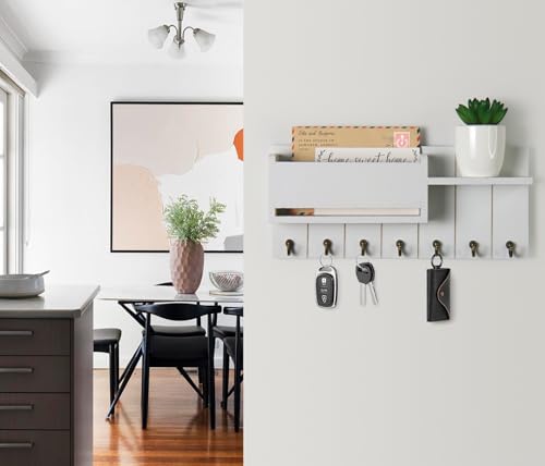 RelaxScene Key Holder Wall Mount - Decorative Key Rack and Mail Organizer with 7 Key Hooks - Wooden Key Hanger with Shelf for Living Room Decor - Rustic Farmhouse Home Entryway Aesthetic Essentials - color: White, size: L(13.8''x6'')