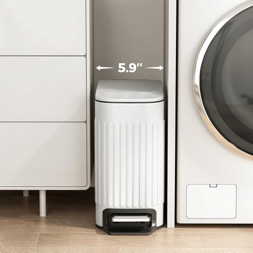 TrashAid Slim Bathroom Trash Can with Lid Soft Close, 6 Liter/1.6 Gallon Stainless Steel Small Garbage Can with Removable Inner Bucket, Step Pedal, Slim Wastebasket for Toilet, Office, Bedroom, White - color: White