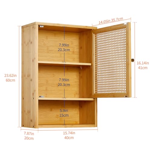 Takywep Bathroom Wall Cabinet, Natural Bamboo with Rattan Doors Adjustable Shelf Wall Mounted, Over Toilet Storage Organizer, Wooden Medicine Cabinet for Bathroom, Kitchen, Laundry, Living Room - color: Natural