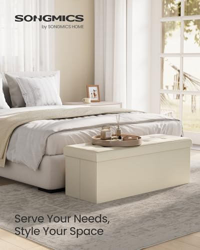 SONGMICS MAZIE Collection - 43 Inches Folding Storage Ottoman Bench, Ottoman Foot Rest, End of Bed Bench, Storage Chest, Load 660 lb, for Living Room, Bedroom, Entryway, Cream White ULSF77BE - color: Cream White, size: 15"D x 43"W x 15"H