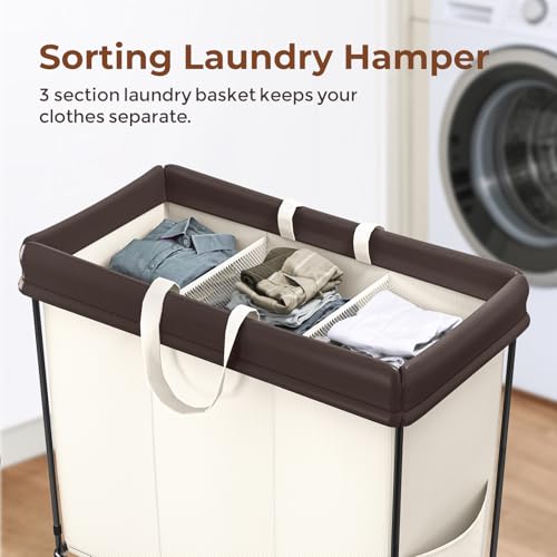 Mefirt 320L Laundry Hamper with Wheels, 3 Section Large Rolling Laundry Basket Bag with Wheels, Clothes Hamper Cart for Laundry, Bedroom, Bathroom and Dorm - color: beige-3 section, size: 320L