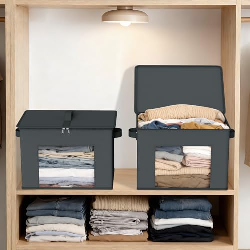 Zilink Fabric Organizer Bins with Lids 4-Pack Collapsible Stackable Storage Bins with Zipper & Clear Window Closet Organizer Storage Bins for Home, Office, Bedroom (Dark Grey,17" x 12" x 12") - color: Dark Grey