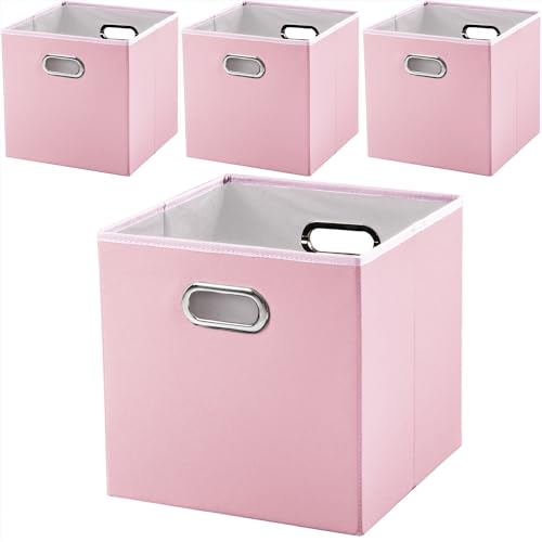 PRANDOM Leather Foldable Cube Storage Bins 13x13 inch [4-Pack] Fabric Storage Baskets Cubes Drawer with Cotton Handles Organizer for Shelves Nursery Closet Bedroom Clothes Pink - color: Pink, size: 13x13 in(4-Pack)