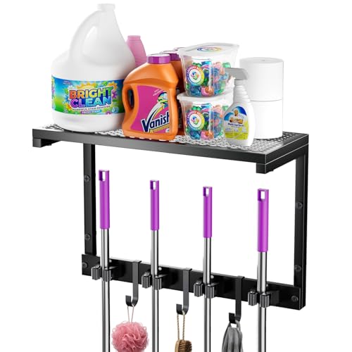 Heavy Duty Broom Holder Wall Mount with Cleaning Supplies Organizer, Space-Saving Laundry Room Organization and Storage Shelves, All-Metal Mop Hanger Broom Rack with Hooks, Garage Organizer Shelf - size: Small