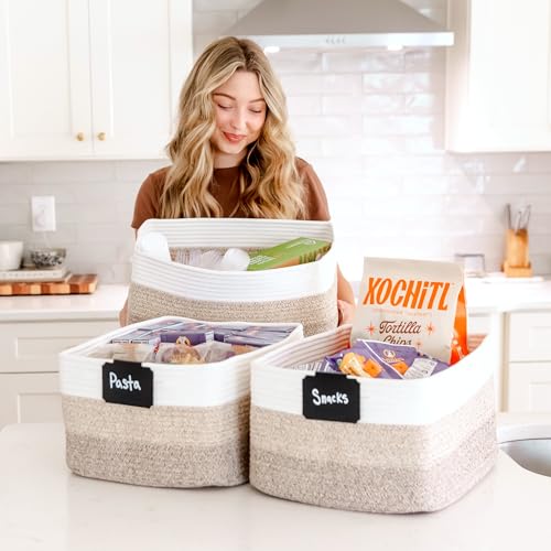 NaturalCozy Storage Baskets 16.8”x13”x7.6” Cotton Rope Woven Baskets for Organizing 3-Pack | Toy Storage Bins | Basket for Shelves, Laundry, Blanket, Clothes, Closet, Kitchen, Bathroom, Gifts - color: 3-Tone Brown