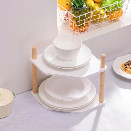 2-Tier Expandable Bamboo Corner Shelf - Dish/Plate Organizer for Cabinet, Kitchen Counter Shelf & Small Kitchen Shelf, Adjustable (6.7" H-White, 2-Tier) - color: 6.7"H-White-2