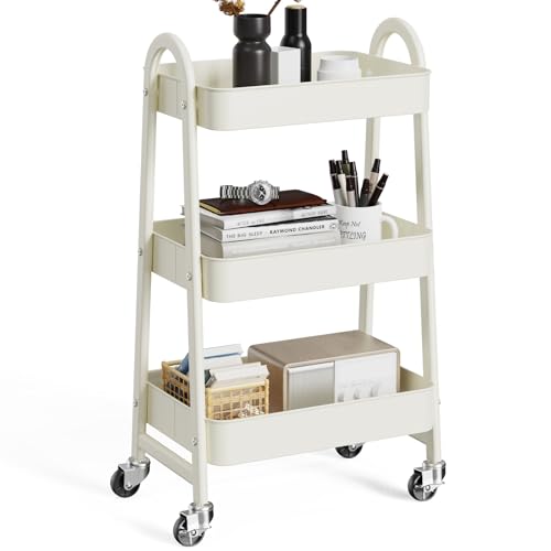 OLIXIS Metal 3 Tiers Utility Rolling Cart, Mobile Storage Shelf with Lockable Caster Wheels, Organization for Livingroom, Bathroom & Narrow Places, White - color: 3-tiered White, size: 3-Tiered 17 inches