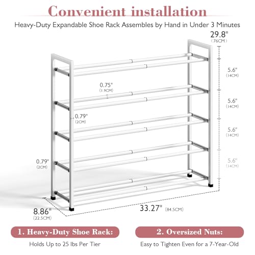 Bumusty 5-Tier Expandable Shoe Rack for Closet, 18“-33” Adjustable Shoe Rack for Small Space, Small Shoe Organizer for Front Door, Sturdy Metal (White) - color: White, size: 5-Tier