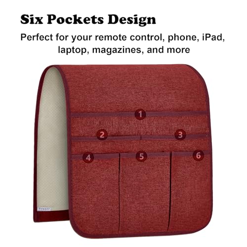 Teniux Remote Control Holder Armchair Caddy for Recliner Couch, Non-Slip Armrest Organizer with 5 Pockets for Magazine, Tablet, Phone, iPad (Red) - color: Color J- Red