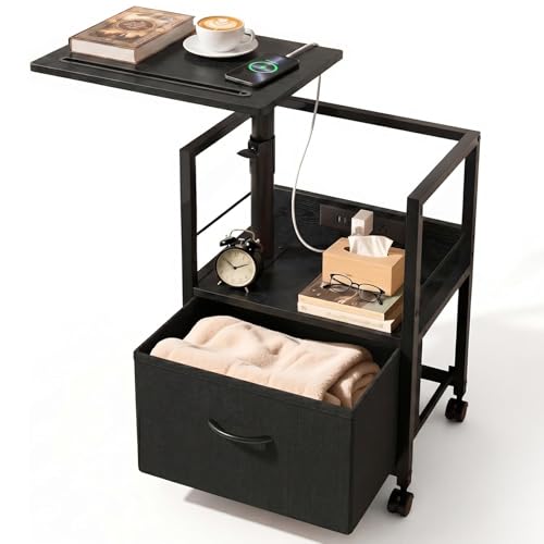 Faesun Swivel Lift Top Nightstand with Charging Station, Rolling Side Table for Recliner, Bedside Table with Wheels & a Fabric Drawer, for Small Spaces, for Bedroom, Living Room, Black - color: Black, size: 1 Drawer
