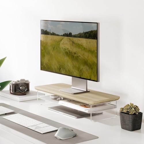 Fenge Acrylic Monitor Stand Riser, 23.6 Inches Monitor Stand with Metal Storage, 2 Tier Acrylic Computer Riser for Desk, Clear Laptop Stand for PC, Laptop, Printer, TV - color: Oak, size: 23.6in