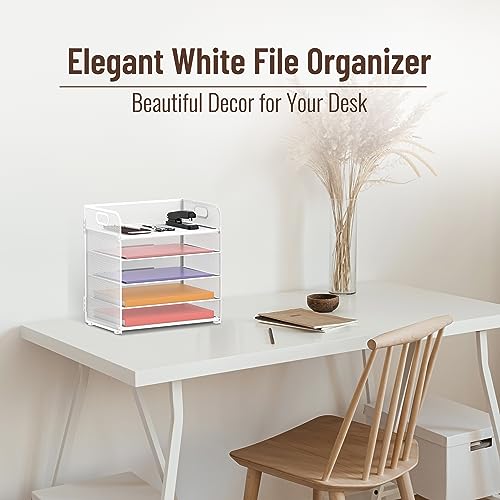 Supeasy 5 Trays Paper Organizer Letter Tray with Handle-Mesh Desk File Holders, Paper Sorter Desk Organizer for Office, Home, Classroom or School, White - color: White