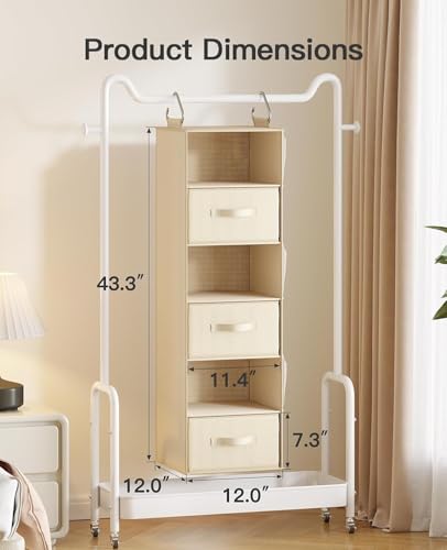 Pipishell 6-Shelf Hanging Closet Organizer, with 3 Detachable Drawers & Side Pockets, Closet Organizers and Storage for Bedroom, Garment Rack and Wardrobe Organization, Dorm Clothes Organizer, Beige - color: Beige
