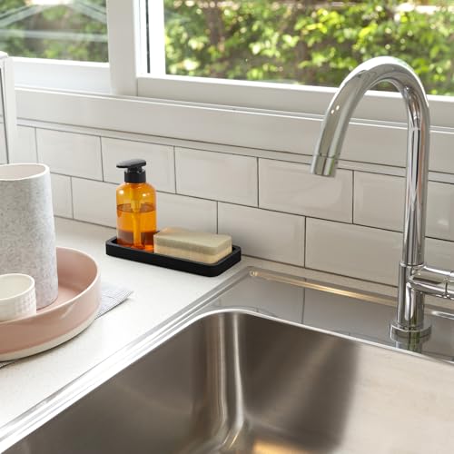 ALELION 8" Bathroom Vanity Tray for Counter - Wood Tray for Dresser Tops Perfume Jewelry Candle Key Catchall - Black Kitchen Countertop Organizer for Soap Dispenser and Sponge Holder - color: Black, size: 4.2" x 0.8" x 8"