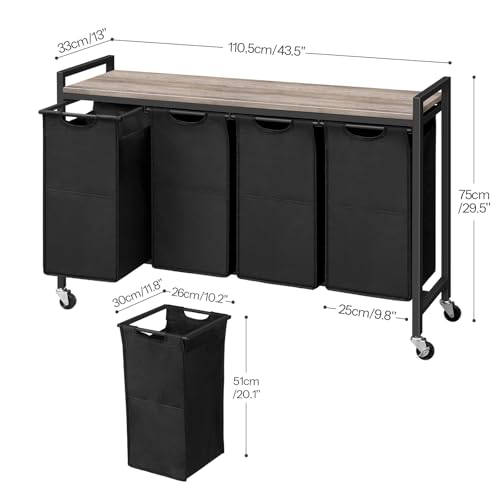 HOOBRO Laundry Sorter 4 Sections, Laundry Hamper with Wheels, 4 × 10.5 Gal (39.8L), Rolling Laundry Basket, Pull-Out and Removable Oxford Fabric Bags, Greige and Black BG04XY01 - color: Greige + Black