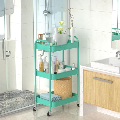 3-Tier Rolling Metal Storage Cart with Wheels, Multi-Functional Organizer for Office, Kitchen, Bathroom, Books Diapers - Easy Assembly (Blue) - color: Blue