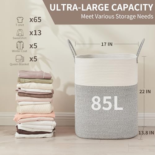 AINUOQI Laundry Basket with Handles - Blanket Basket & Hampers for Bedroom Aesthetic, Laundry Hamper & Blanket Storage for Living Room, Clothes Hamper, Tall, Large 17" x 14" x 24”, White & Grey - color: Light Grey, size: 85L