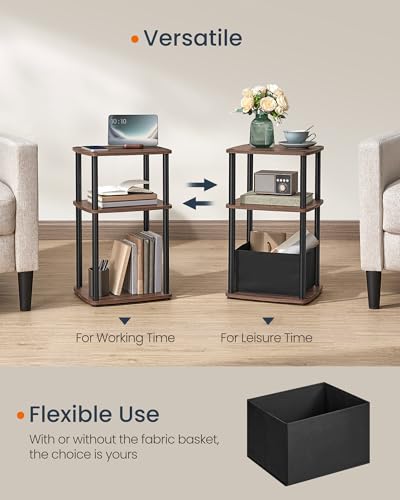 SONGMICS Home Side Table, 3-Tier Nightstand with Storage, End Table with Fabric Basket, for Bedroom, Living Room, Steel Frame, Superfast Toolless Assembly, Modern, Ebony Walnut ULET286K01 - color: Ebony Walnut, size: 1 pack