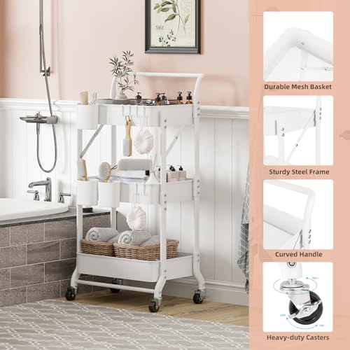 3-Tier Folding Rolling Utility Cart with Wheels, Foldable Storage Cart Organizer with 3 Hanging Cups & 6 Hooks for Kitchen, Office, Living Room, Nursery(White) - color: White