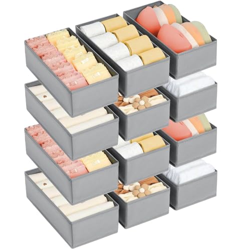 DIMJ Drawer Organizer Clothes - Underwear Organizer Small Sock Organizer Closet Organizers and Storage Box Dresser Drawer Dividers for Baby Clothes,Bra,Socks, Belt, Tie, Set of 12, Grey - color: Grey, size: Set of 12