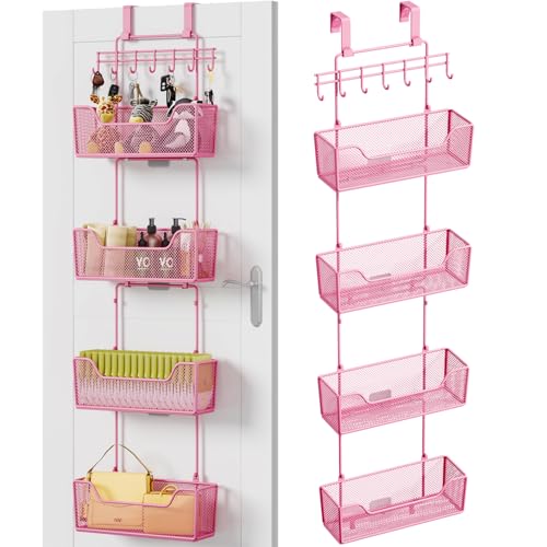HapiRm Over Door Organizer Storage - Hanging Door Organizer with 4 Metal Large Capacity Baskets and Adjustable Coat Hook for Bathroom Bedroom Kitchen Pantry Closet Cabinet - color: Pink