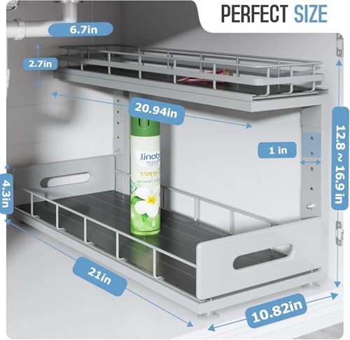 Under Sink Organizer Upgrade To Professional Rails,2-Tier Dual Pull Out Cabinet Storage,Height Adjustable Slide Out Drawers For Bathroom Kitchen,1 Pack-21"Dx12.8"-16.9"H,Gun Gray - color: Gun Gray, size: 1 Pack-21"Dx12.8"-16.9"H