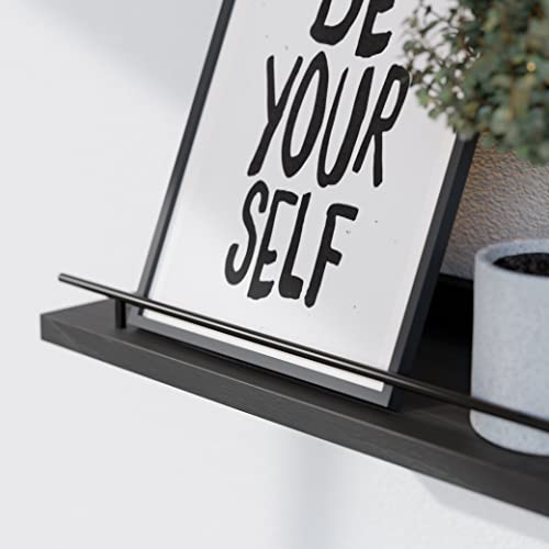 WOPITUES Floating Shelves 24 inch with Gold Metal Guardrail, Shelves for Wall Decor Set of 3, Wall Shelves for Bedroom, Bathroom, Kitchen, Living Room, Plants, Picture Frames, Art- Black - color: Black, size: 23.6 inch
