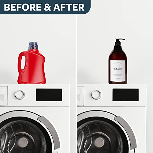 Calindiana Modern Farmhouse Bleach Liquid Laundry Detergent Dispenser for Laundry Room Decor and Organization, PET Plastic Landry Soap Containers with Water Resistant Label, Amber 64oz - color: Amber Bottle/White Label, style: BLEACH