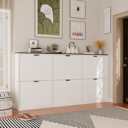Mekminop 70.9" W Large Shoe Storage Cabinet with 6 Flip Drawers, White Shoe Organizer Cabinet for Up to 36 Pairs, Narrow Shoe Cabinet for Entryway, Hallway, Living Room